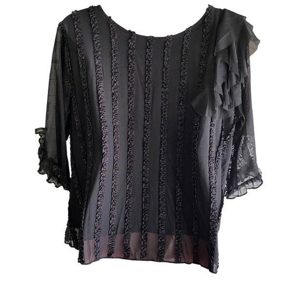Black Sheer Blouse Womens 2XL Ruffle Textured Stripe Party Top Flowing - Picture 3 of 5